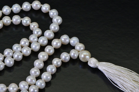 Freshwater Pearl Mala Necklace: Knotted Silk Tassel, 108 Beads