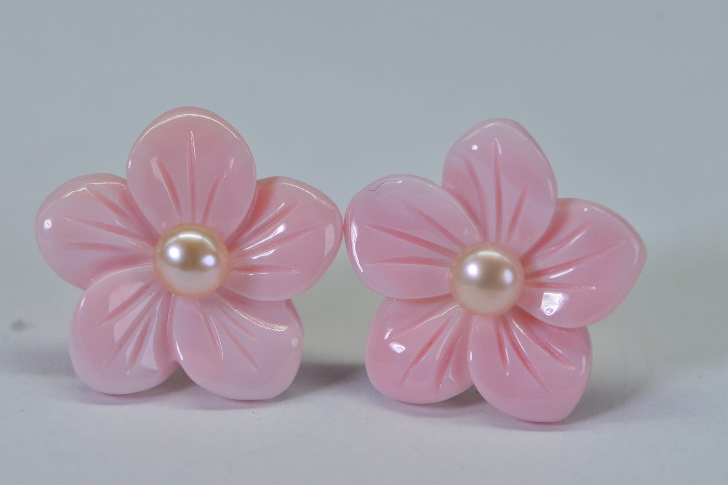 Queen Conch Pink Flower Earrings: Carved Rose, Pearl Studs