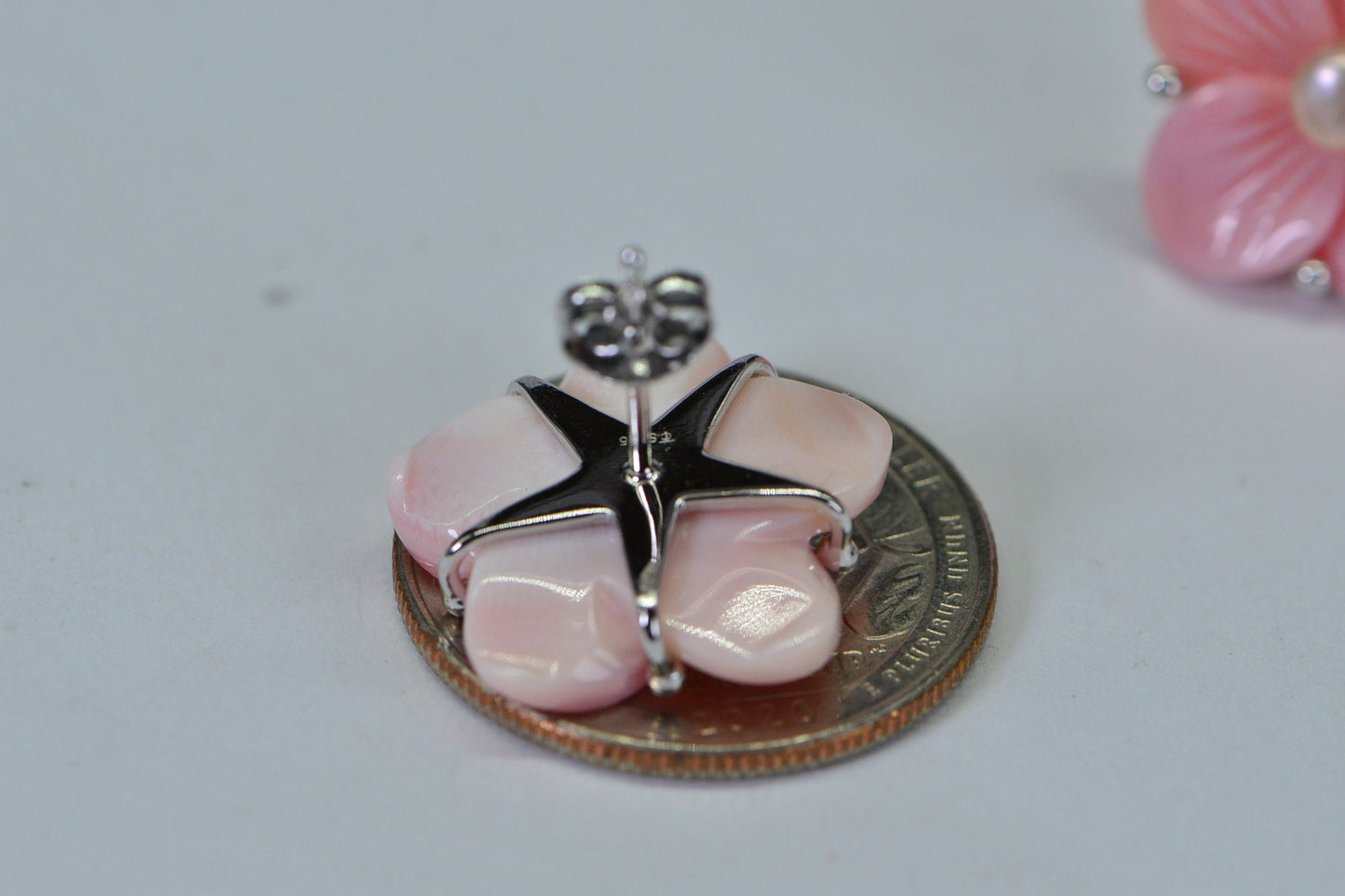 Pink Conch Shell Flower Earrings: Pearl Sterling Silver Floral Studs