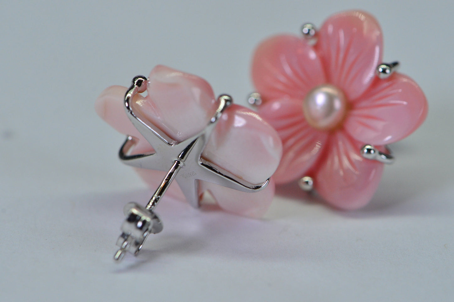 Pink Conch Shell Flower Earrings: Pearl Sterling Silver Floral Studs