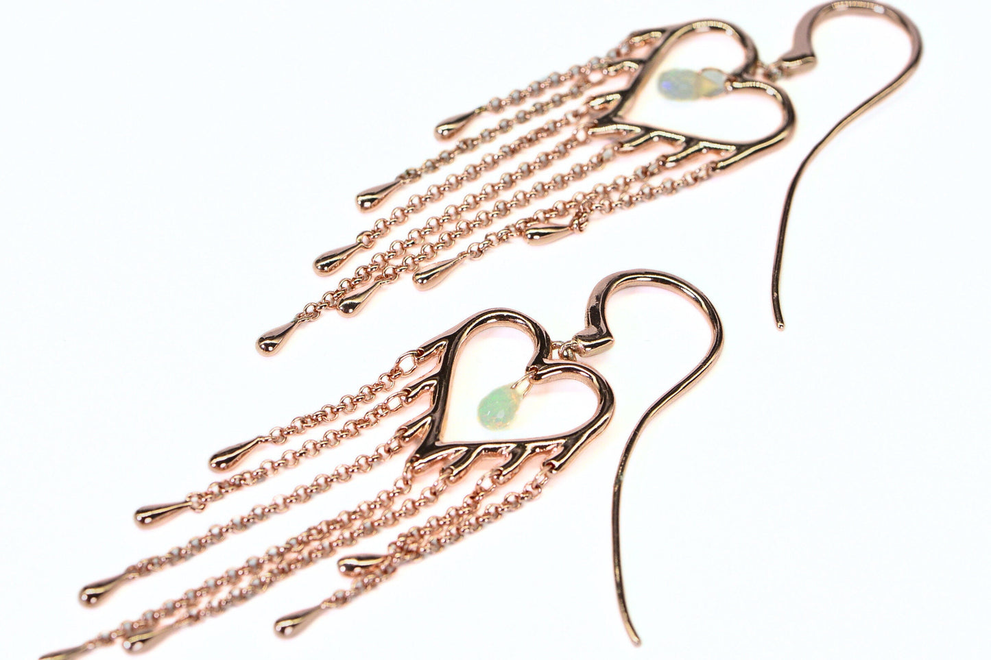 Rose Gold Vermeil Heart Earrings: Ethiopian Opal Tassel Dangle