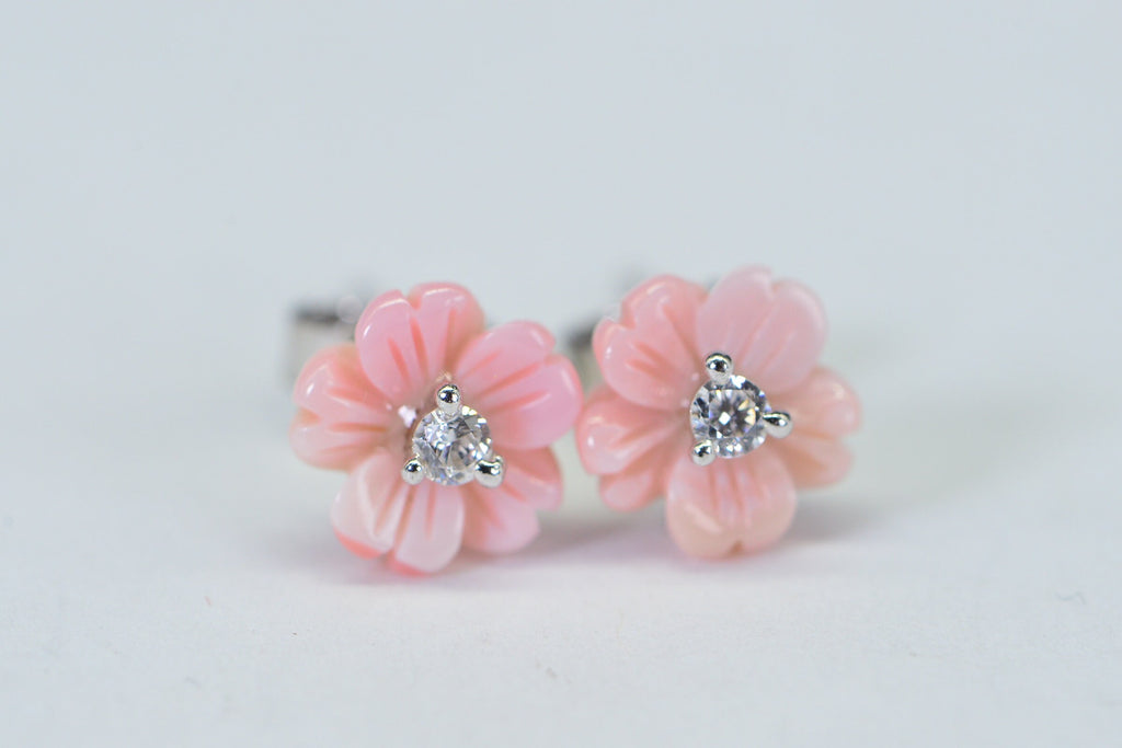 Queen Conch Shell Flower Stud Earrings: Simulated Diamond, 14K White Gold Over Sterling Silver
