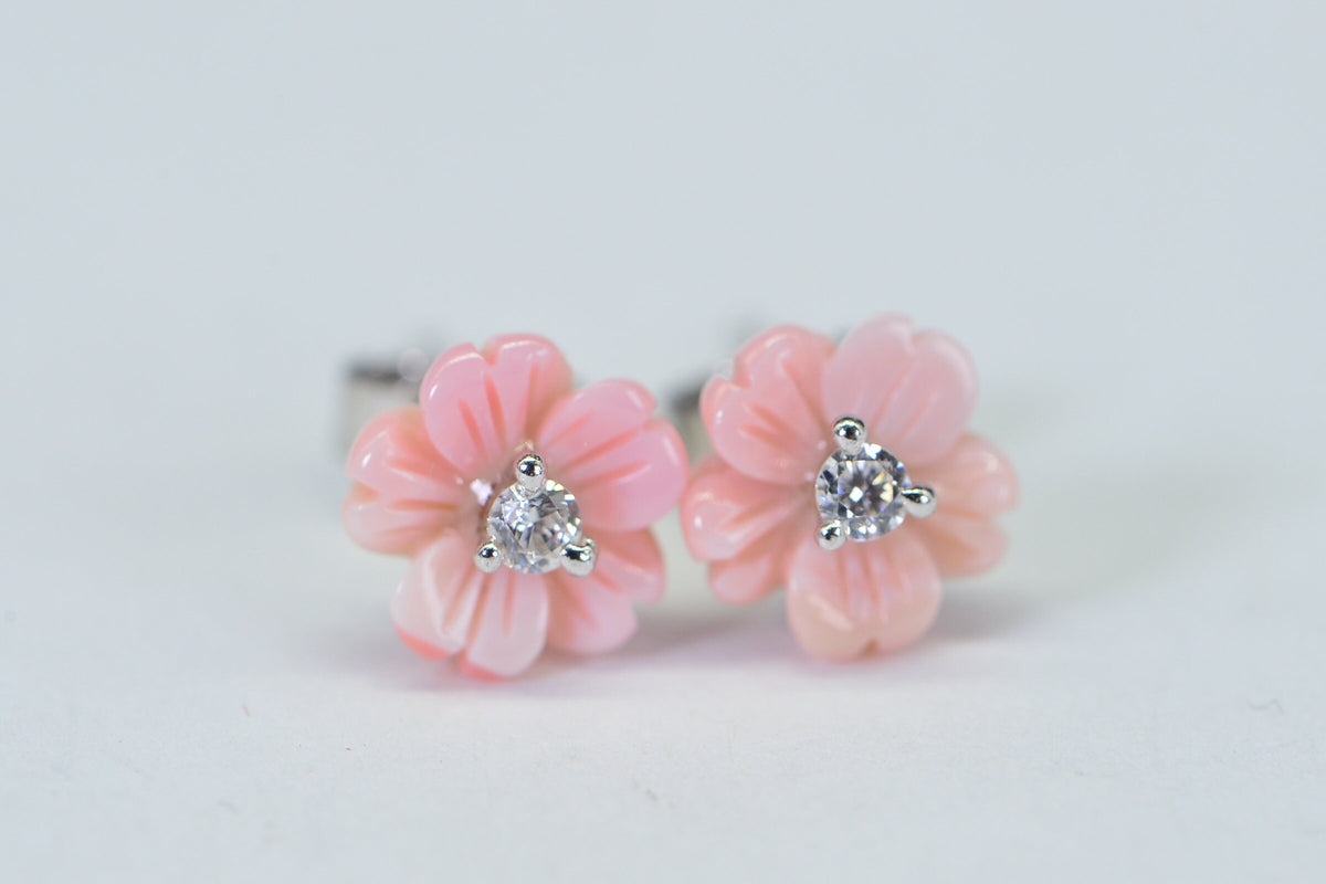 Queen Conch Shell Flower Stud Earrings: Simulated Diamond, 14K White Gold Over Sterling Silver