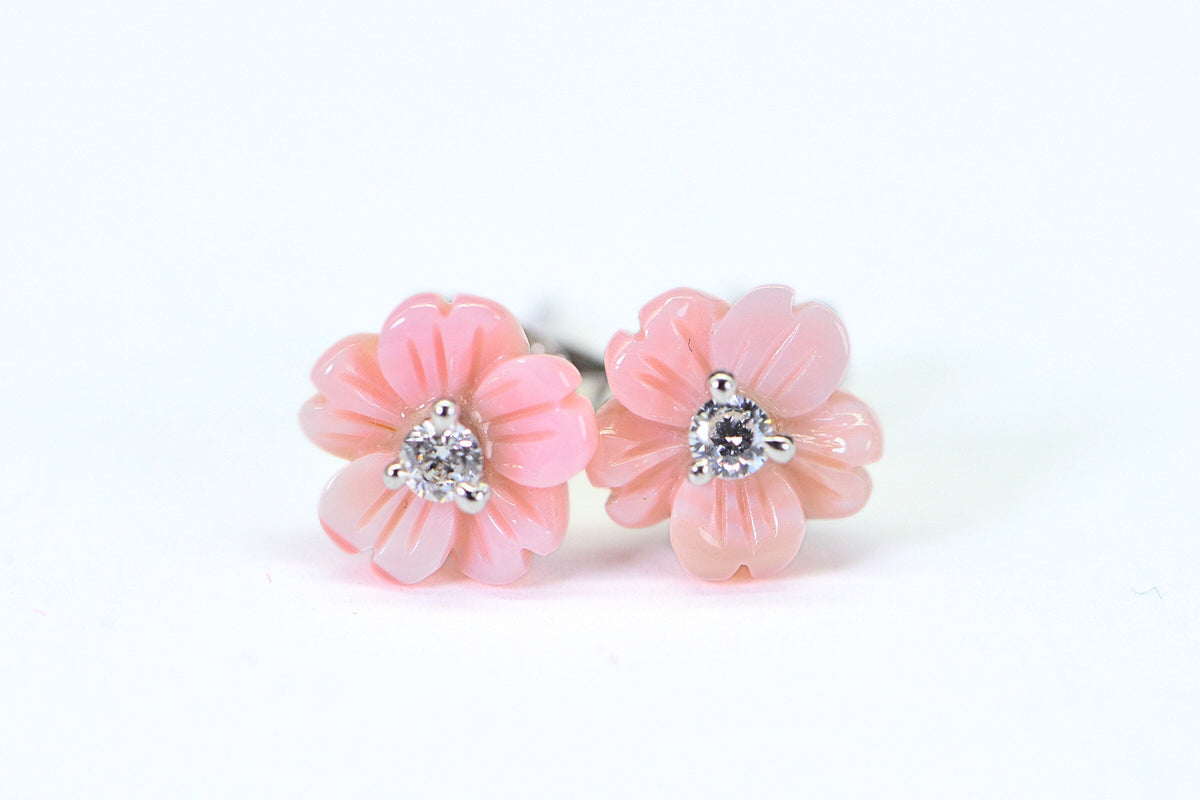 Queen Conch Shell Flower Stud Earrings: Simulated Diamond, 14K White Gold Over Sterling Silver