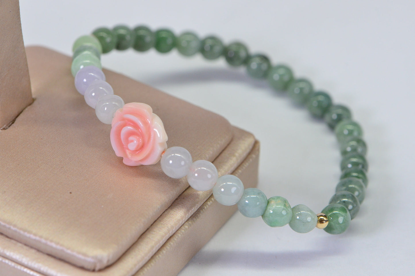 Burma Jade Ombre Bracelet: Pink Conch Rose, 14K Gold Beads