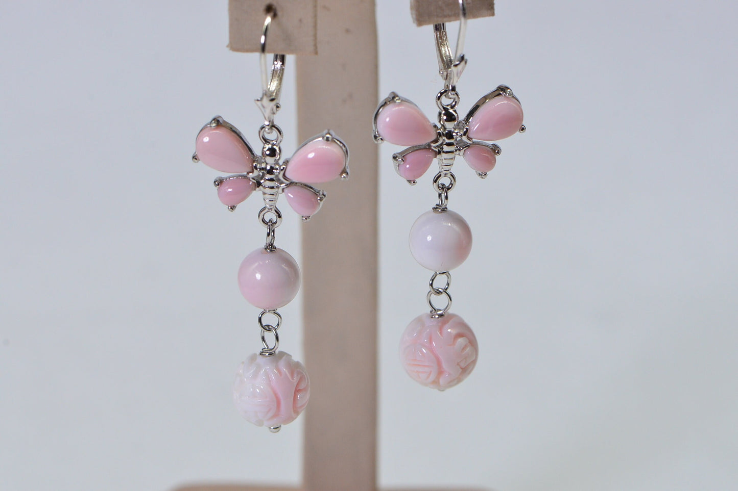 Queen Conch Shell Earrings: 14K White Gold Sterling Silver Butterfly Dangle