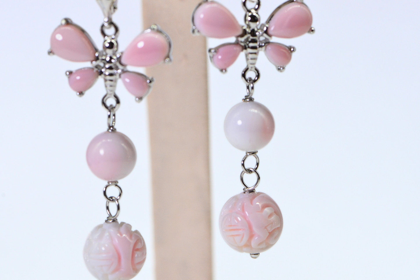 Queen Conch Shell Earrings: 14K White Gold Sterling Silver Butterfly Dangle