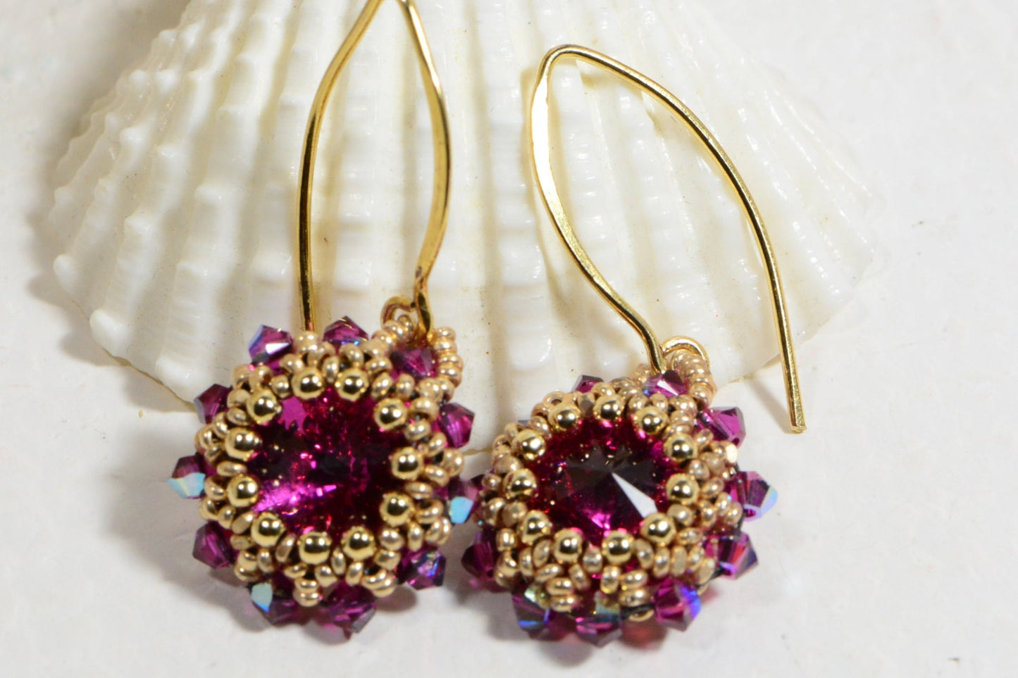 Fuchsia Rivoli Earrings, Seed Beaded, 14K Gold Filled