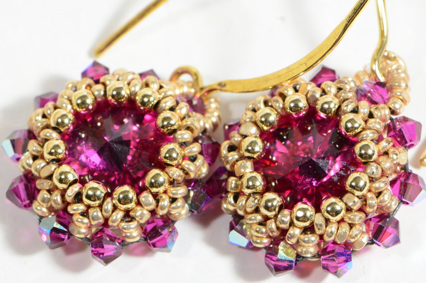 Fuchsia Rivoli Earrings, Seed Beaded, 14K Gold Filled