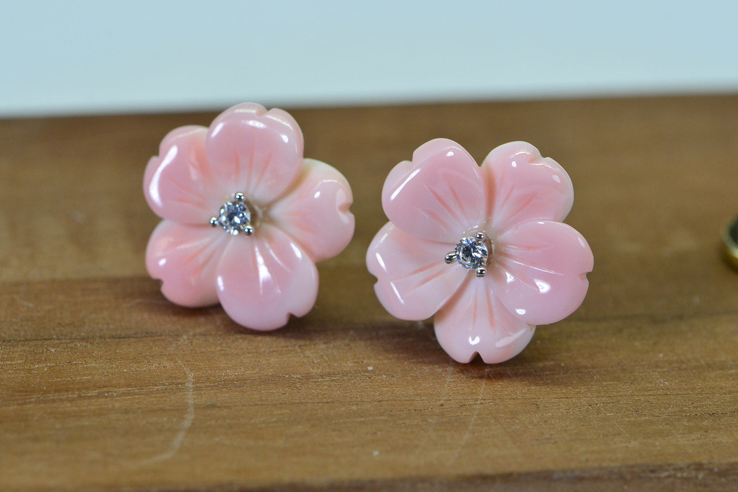 Queen Conch Pink Flower Earrings: Carved Rose, Simulated Diamond, Sterling Silver