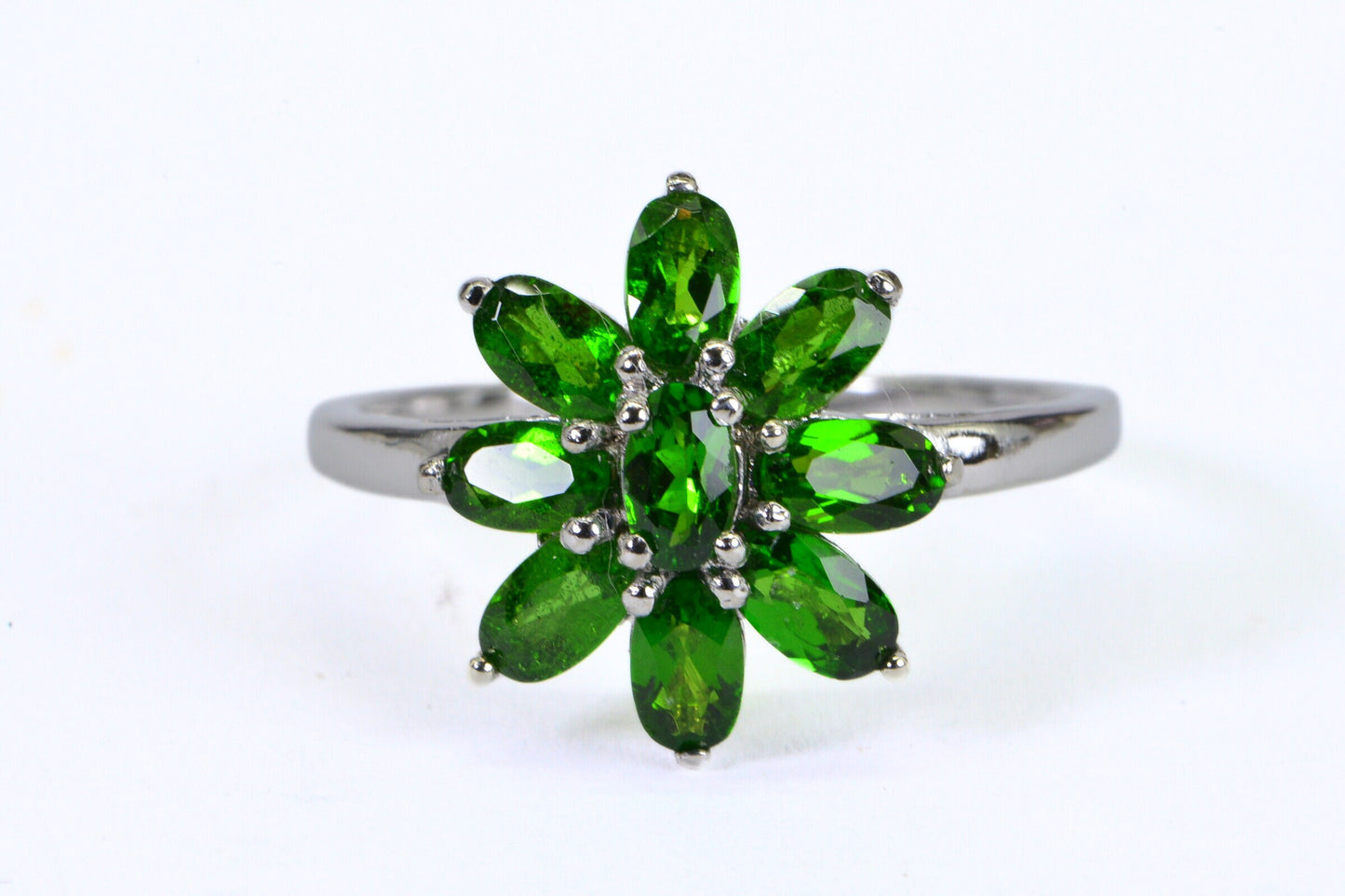Diopside Flower Ring: 14K White Gold over Sterling Silver Floral Ring