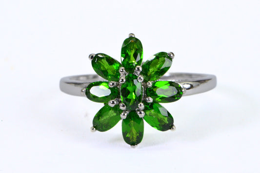 Diopside Flower Ring: 14K White Gold over Sterling Silver Floral Ring