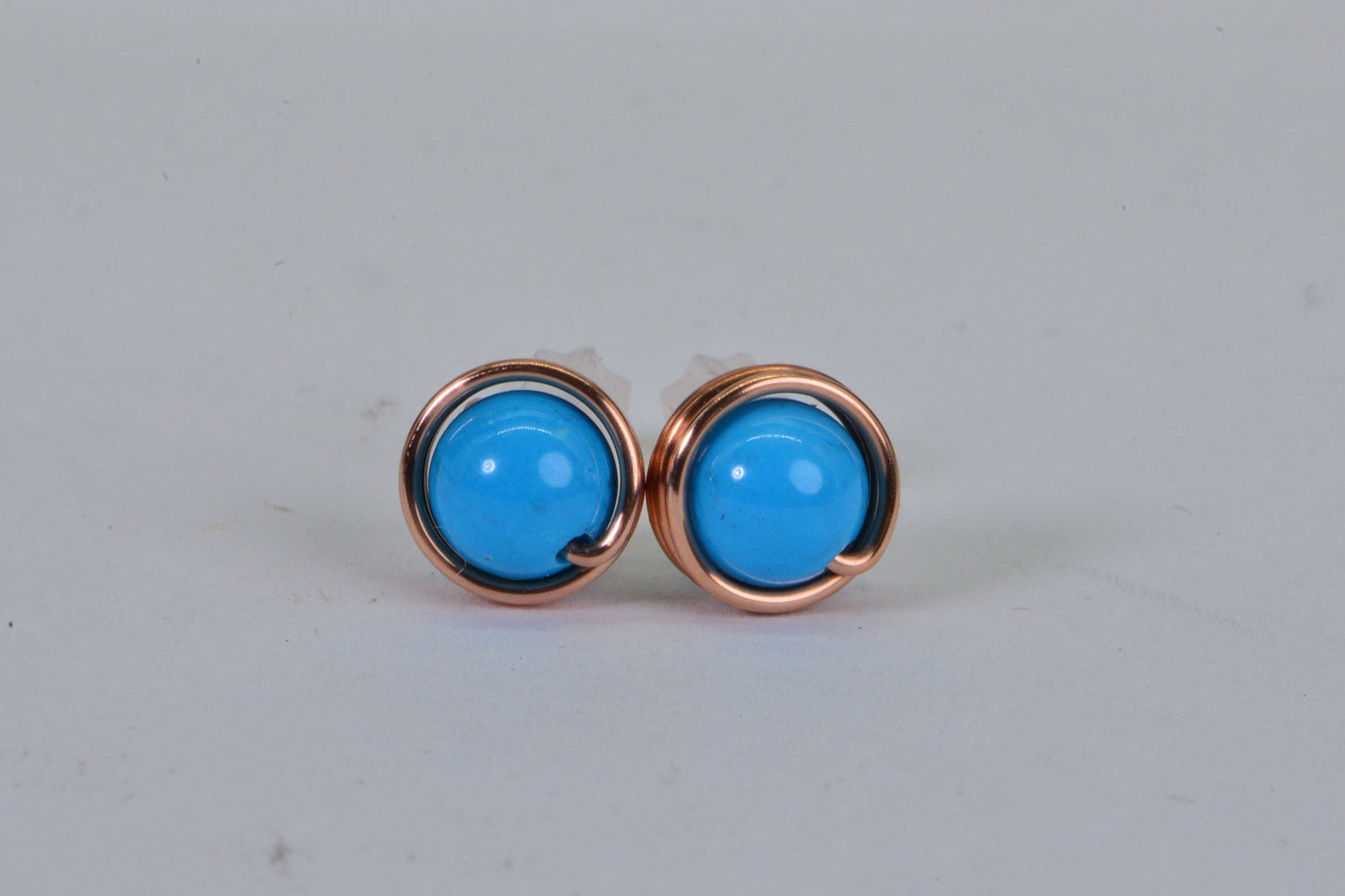 Handmade Copper Wire Wrapped Stud Earrings: Sleeping Beauty Turquoise