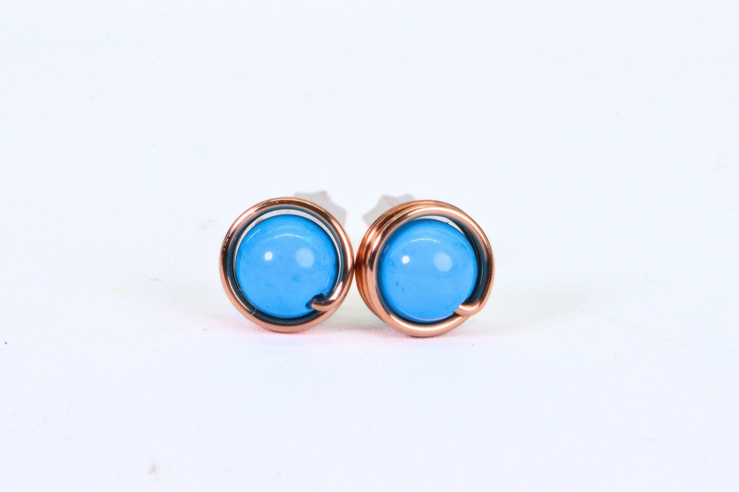 Natural American Blue Turquoise Copper Wire Wrapped Stud Earrings