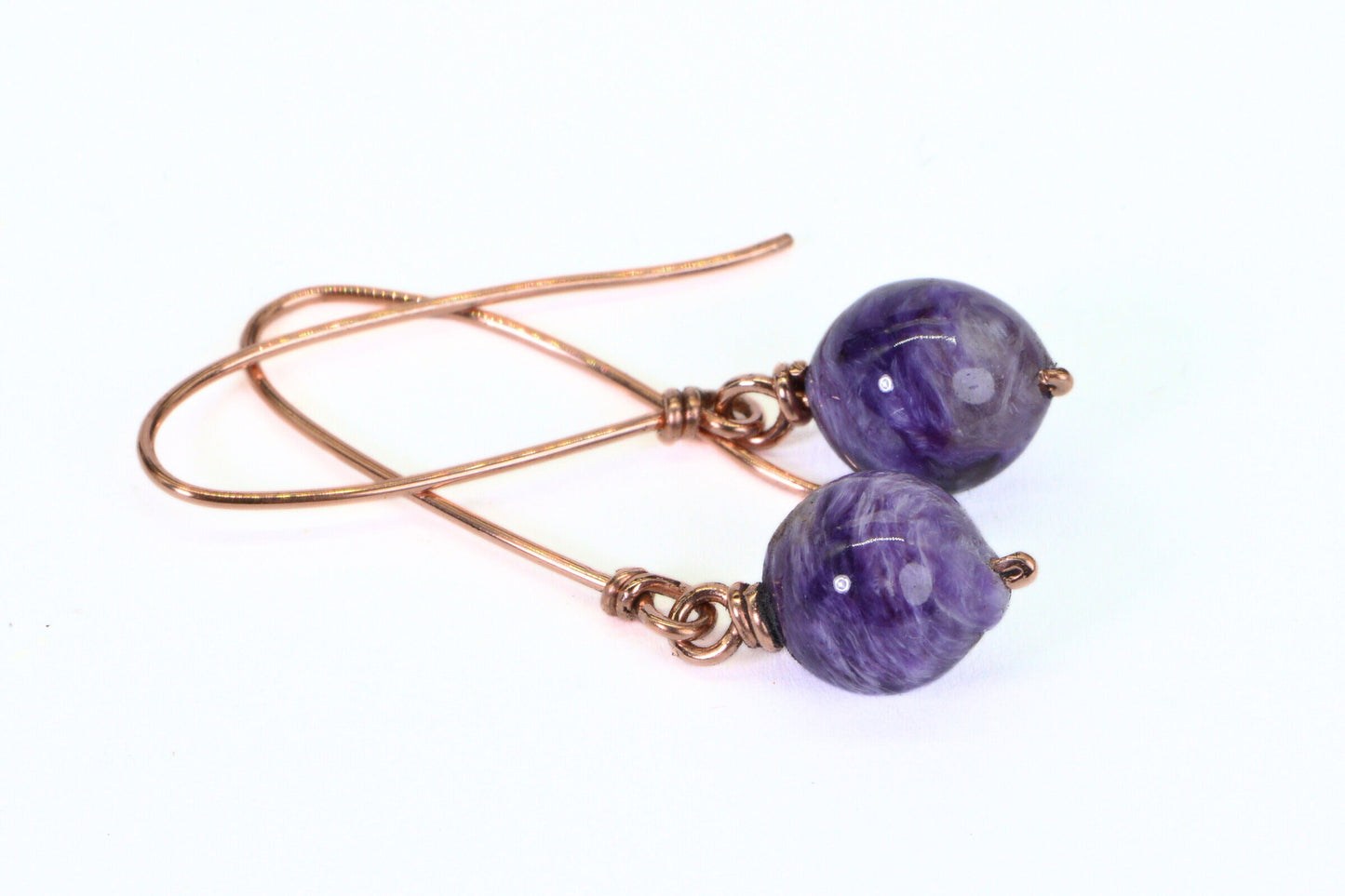 Russian Charoite Earrings, Copper Wire Wrapped Dangle Drop