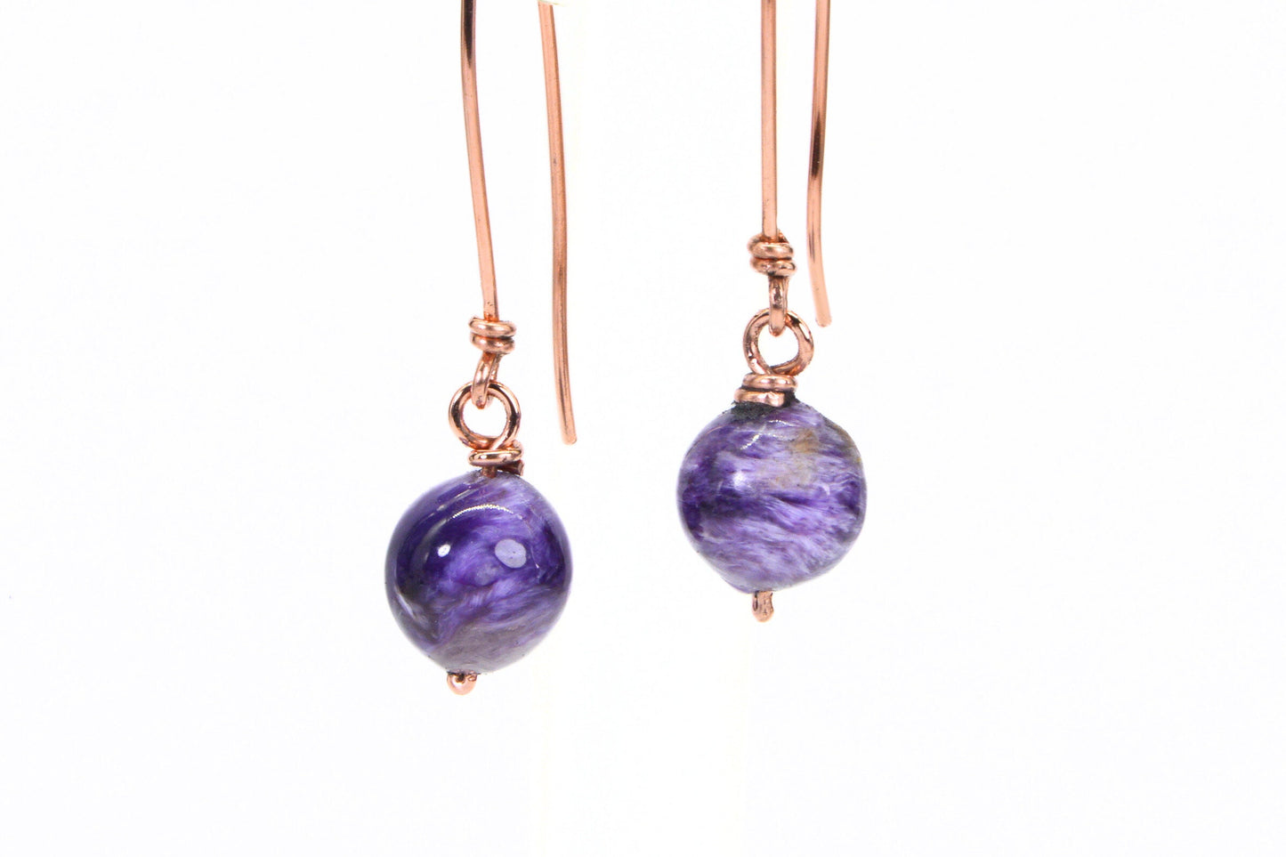 Russian Charoite Earrings, Copper Wire Wrapped Dangle Drop