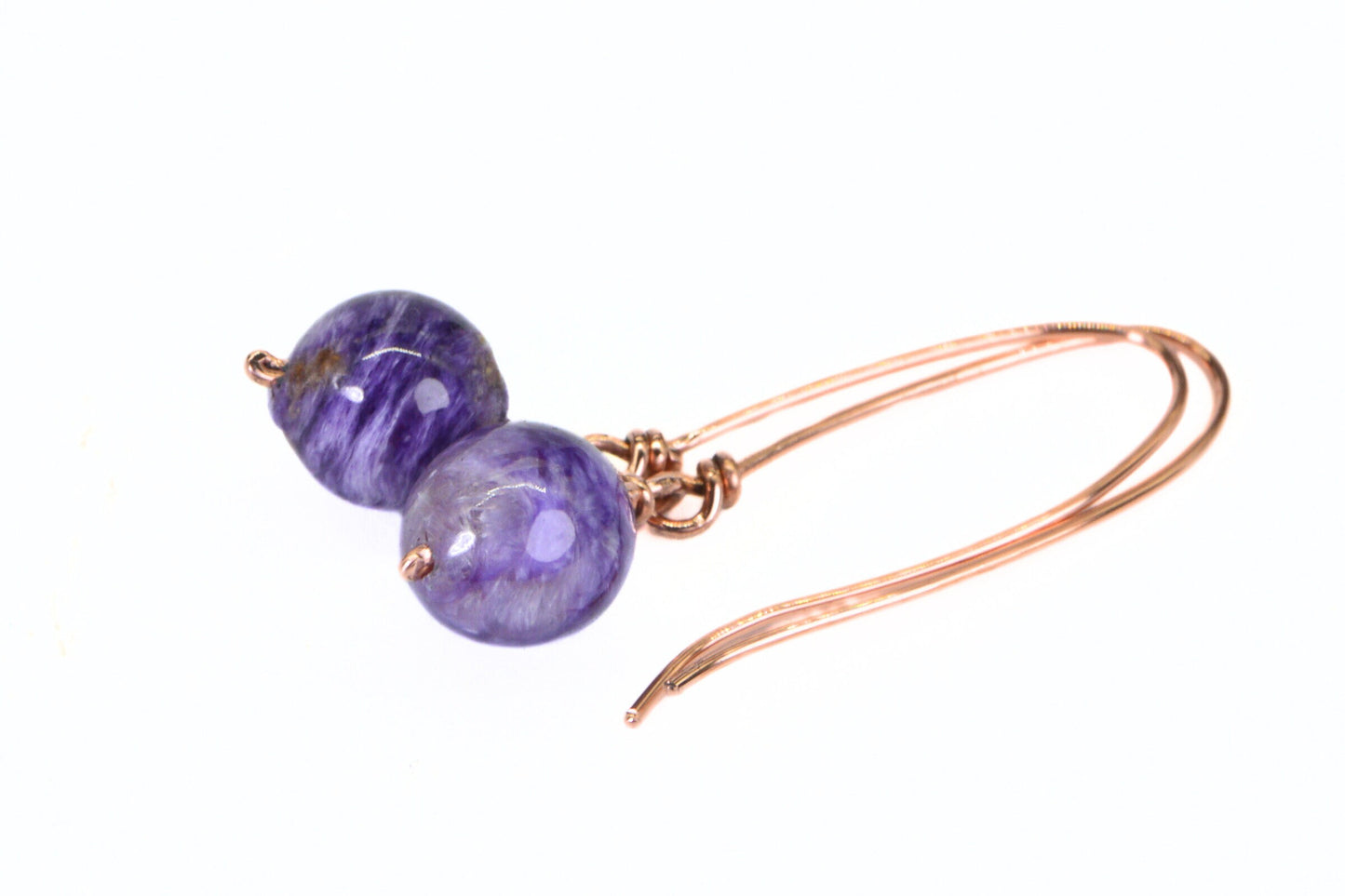 Russian Charoite Earrings, Copper Wire Wrapped Dangle Drop