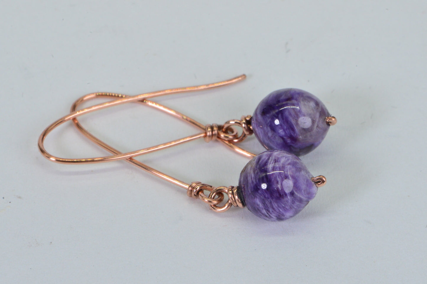 Russian Charoite Earrings, Copper Wire Wrapped Dangle Drop