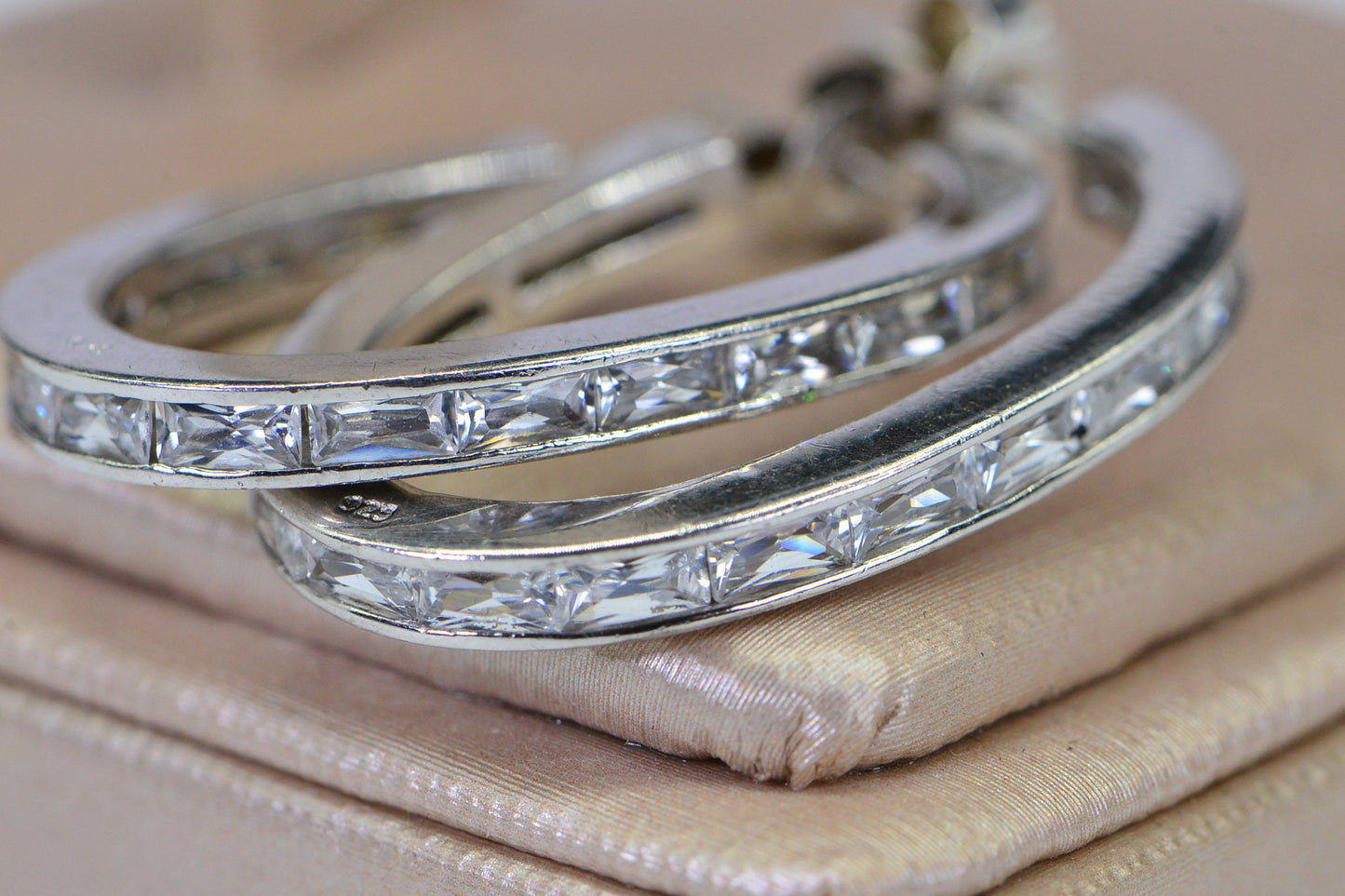 Vintage Baguette CZ Hoop Earrings: 14K White Gold over Sterling Silver
