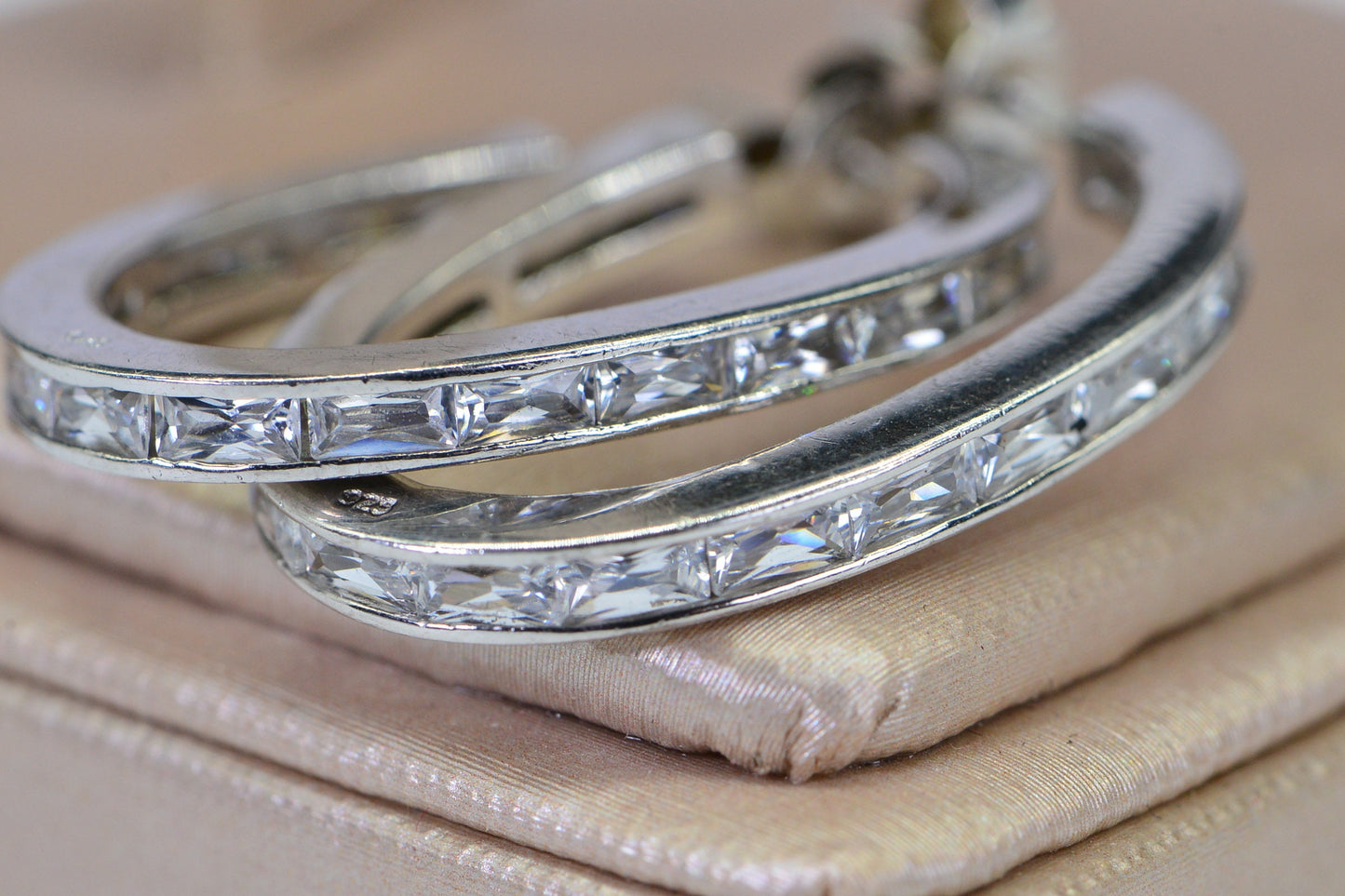 Vintage Baguette CZ Hoop Earrings: 14K White Gold over Sterling Silver