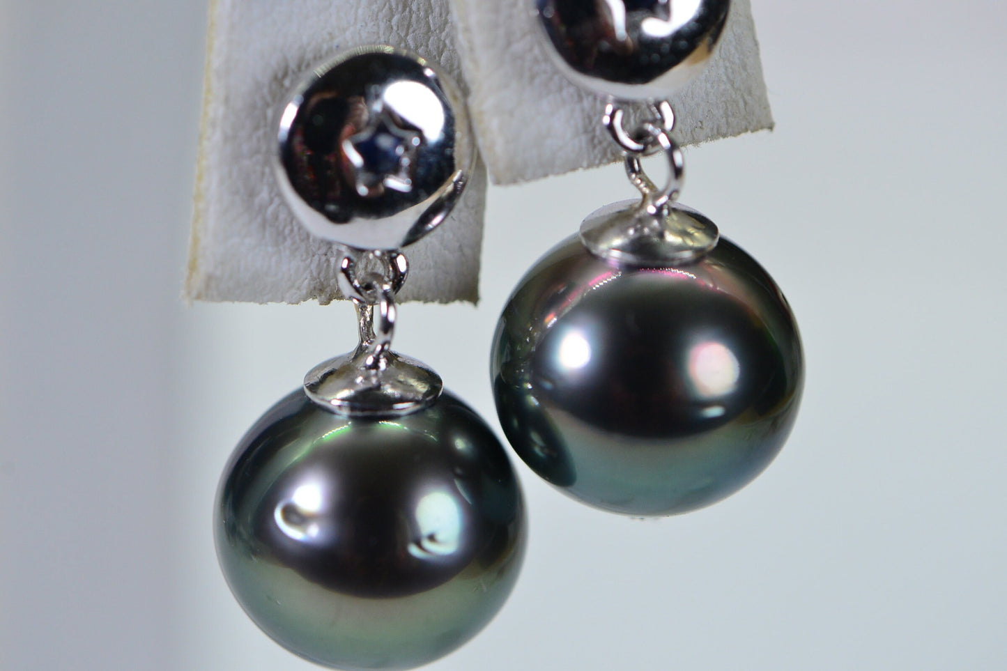 Tahitian Black Pearl Drop Earrings, Sapphire Diamond Accent, Sterling Silver