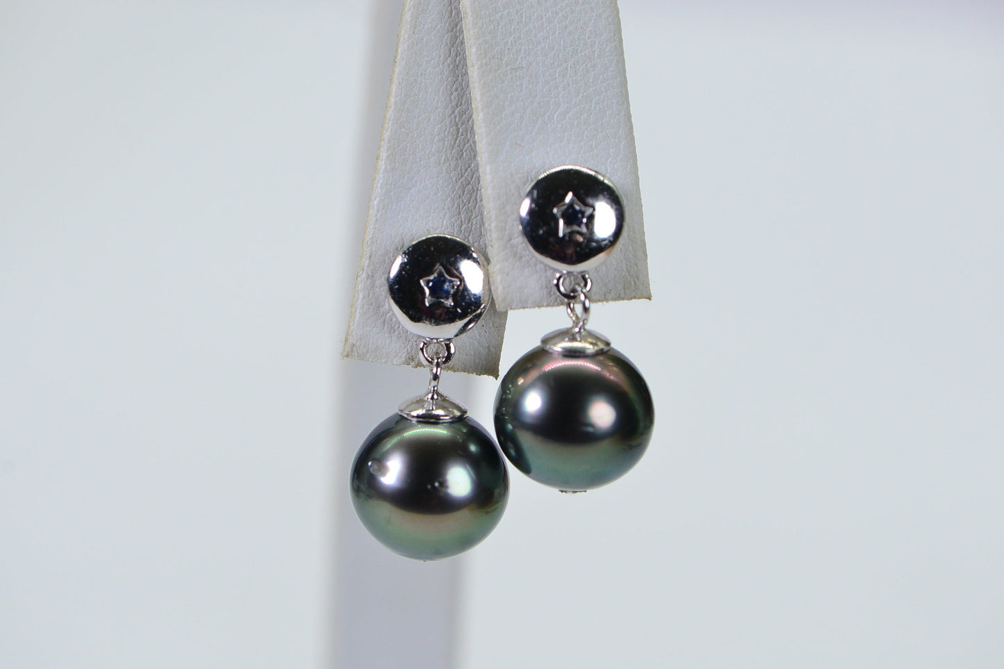 Tahitian Black Pearl Drop Earrings, Sapphire Diamond Accent, Sterling Silver