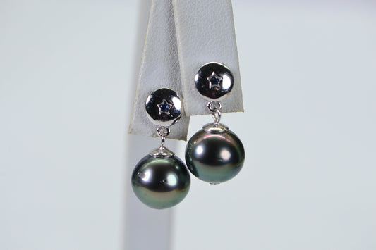 Tahitian Black Pearl Drop Earrings, Sapphire Diamond Accent, Sterling Silver