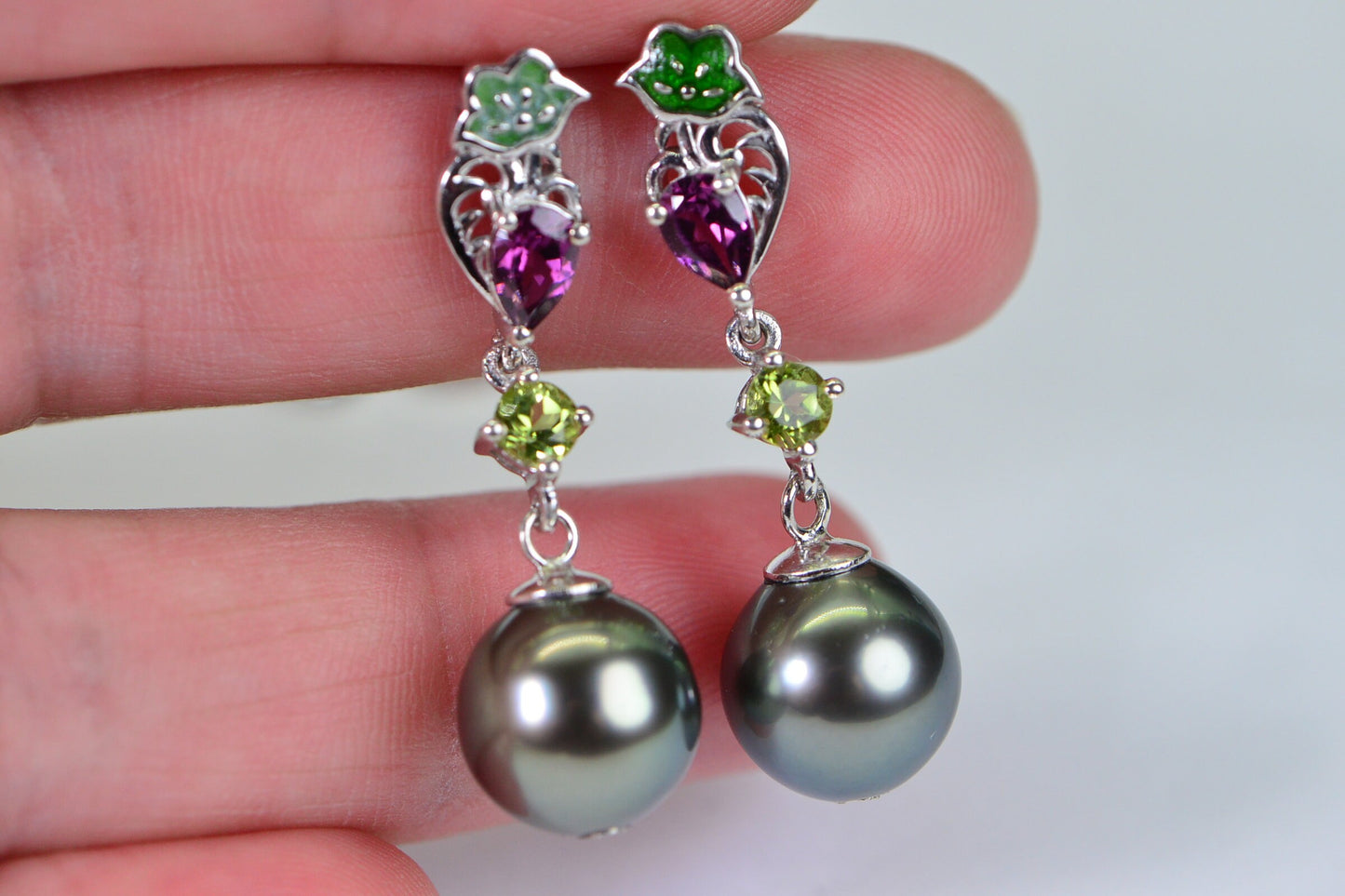 Tahitian Cultured Black Pearl Natural Diamond  Dangle Earrings Multi Stone Earrings