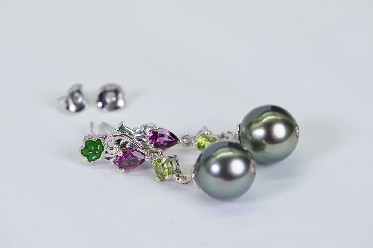 Tahitian Cultured Black Pearl Natural Diamond  Dangle Earrings Multi Stone Earrings