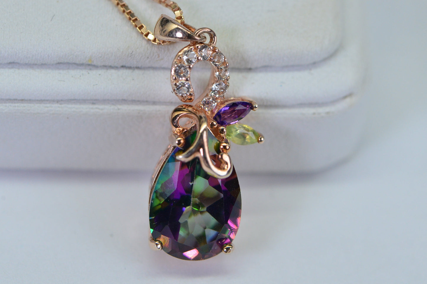 Mystic Topaz Teardrop Pendant: Rose Gold Vermeil Necklace, Simulated Diamonds