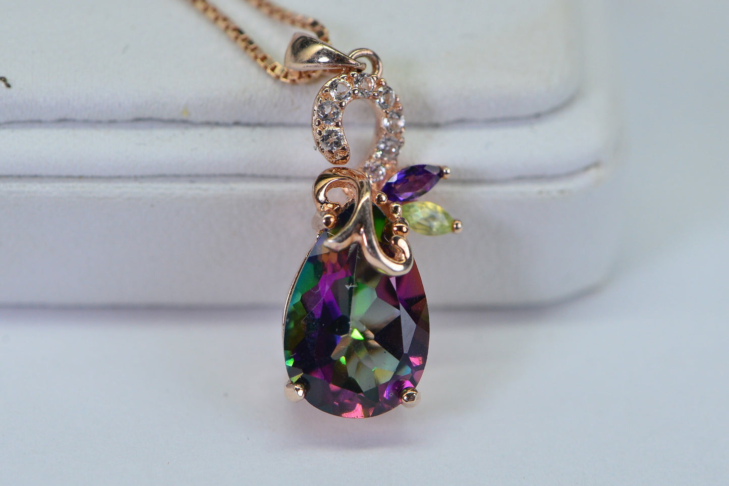 Mystic Topaz Teardrop Pendant: Rose Gold Vermeil Necklace, Simulated Diamonds