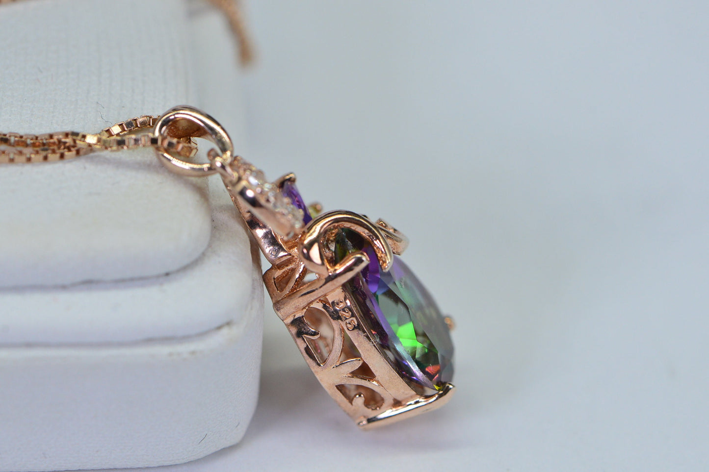 Mystic Topaz Teardrop Pendant: Rose Gold Vermeil Necklace, Simulated Diamonds