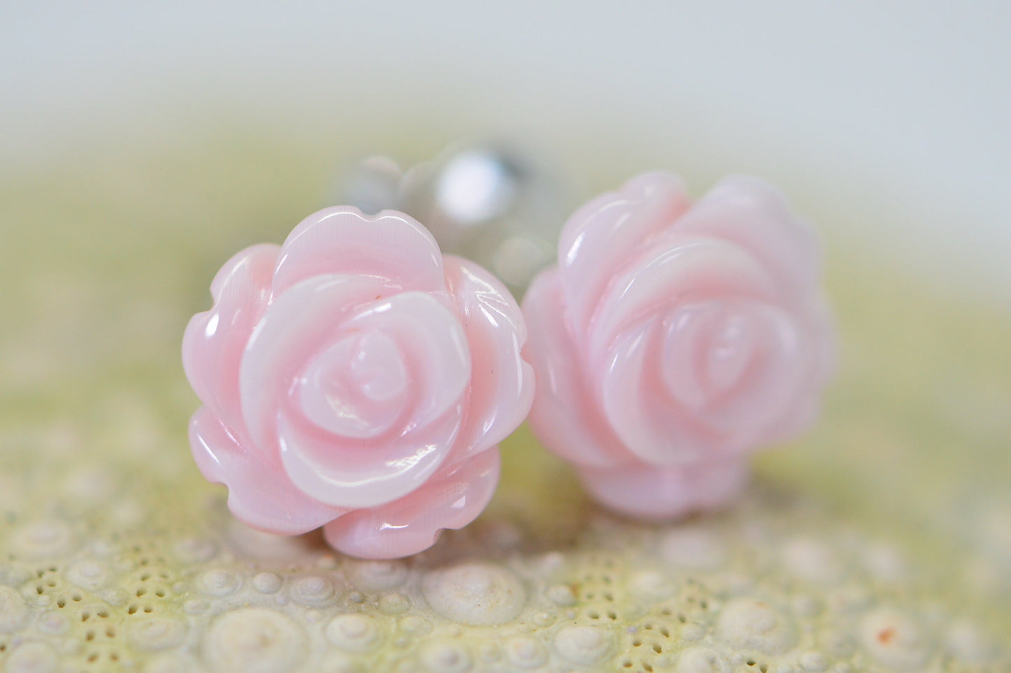 Carved Pink Conch Rose Stud Earrings: 14K Gold Filled, 8mm Flower
