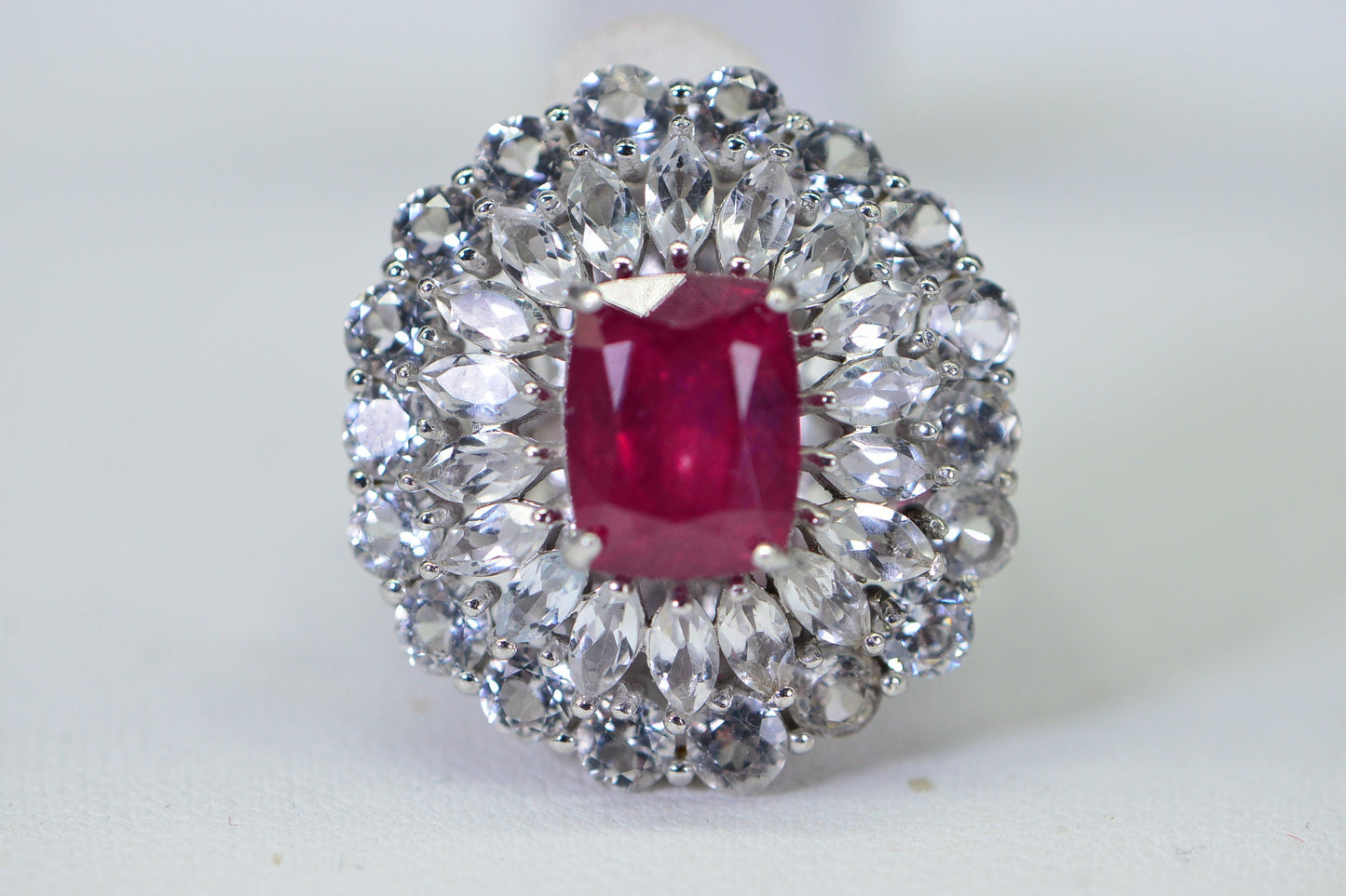 Natural Ruby Double Halo Ring: Sterling Silver July Birthstone