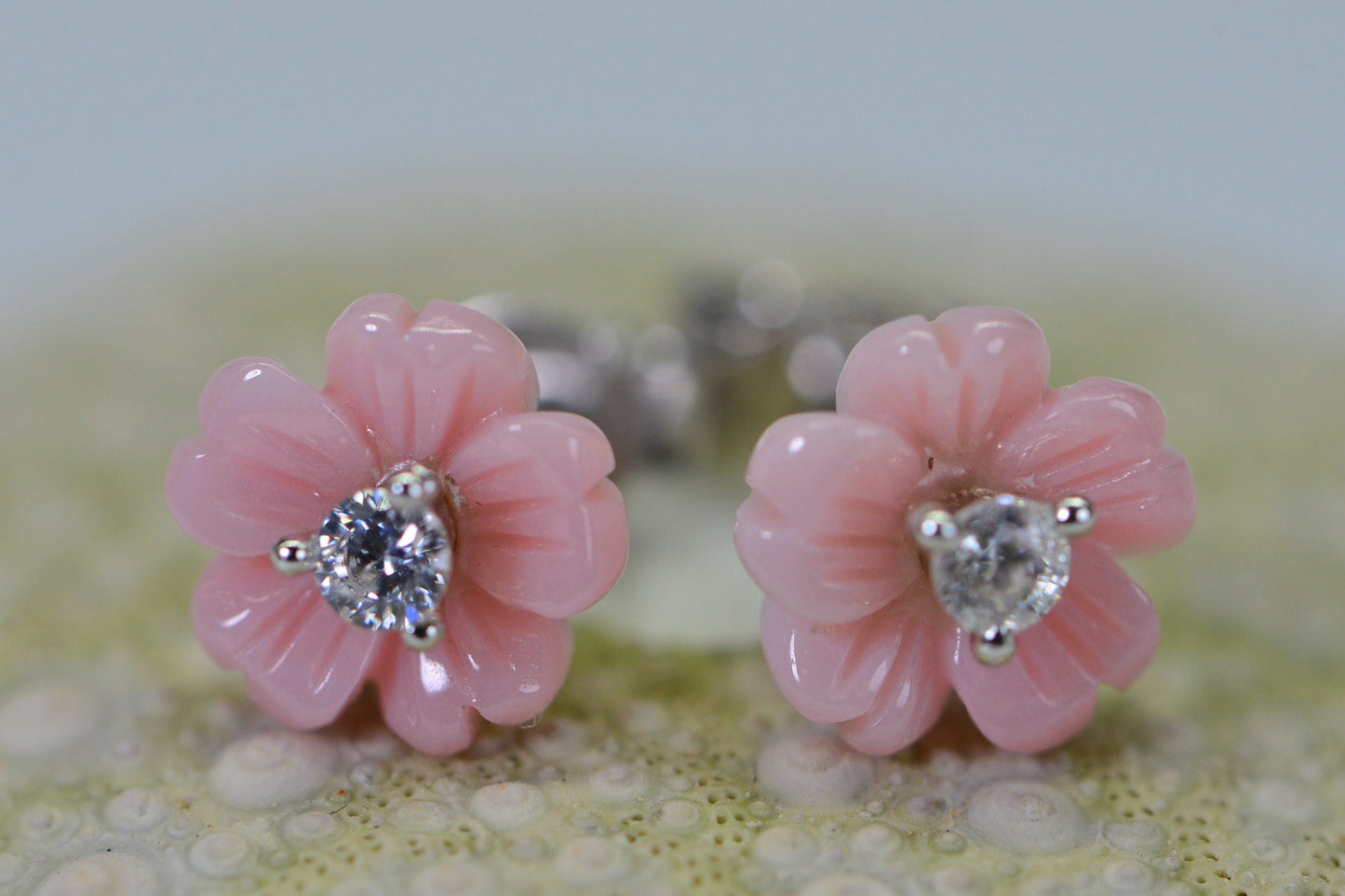 Queen Conch Pink Flower Earrings: CZ Sterling Silver Studs