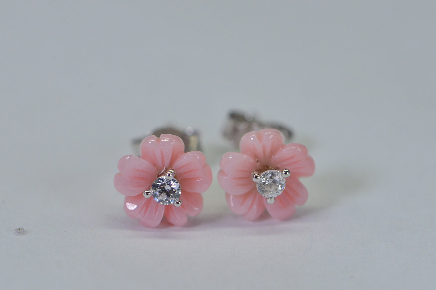 Queen Conch Pink Flower Earrings: CZ Sterling Silver Studs