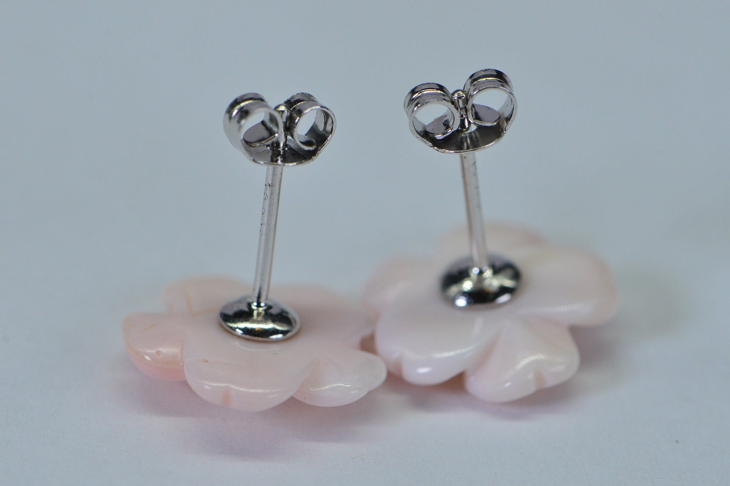 Queen Conch Pink Flower Earrings: Carved Rose, Simulated Diamond, Sterling Silver