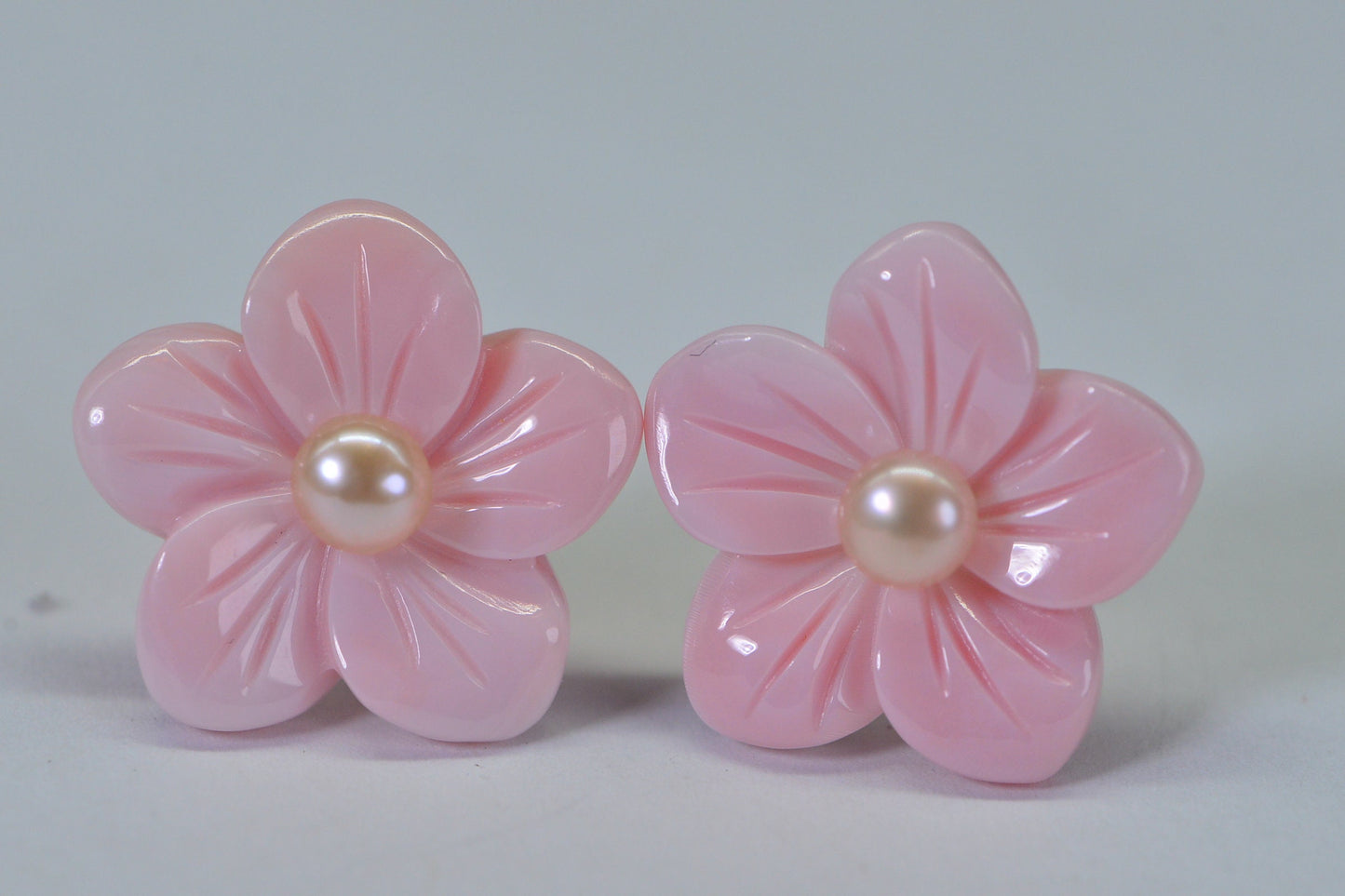 Queen Conch Pink Flower Earrings: Carved Rose, Pearl Studs