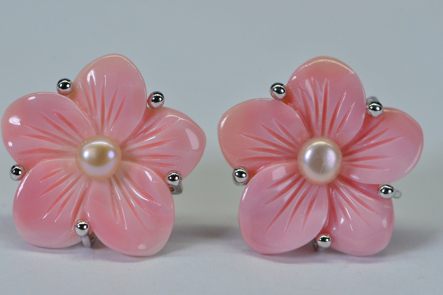 Pink Conch Shell Flower Earrings: Pearl Sterling Silver Floral Studs