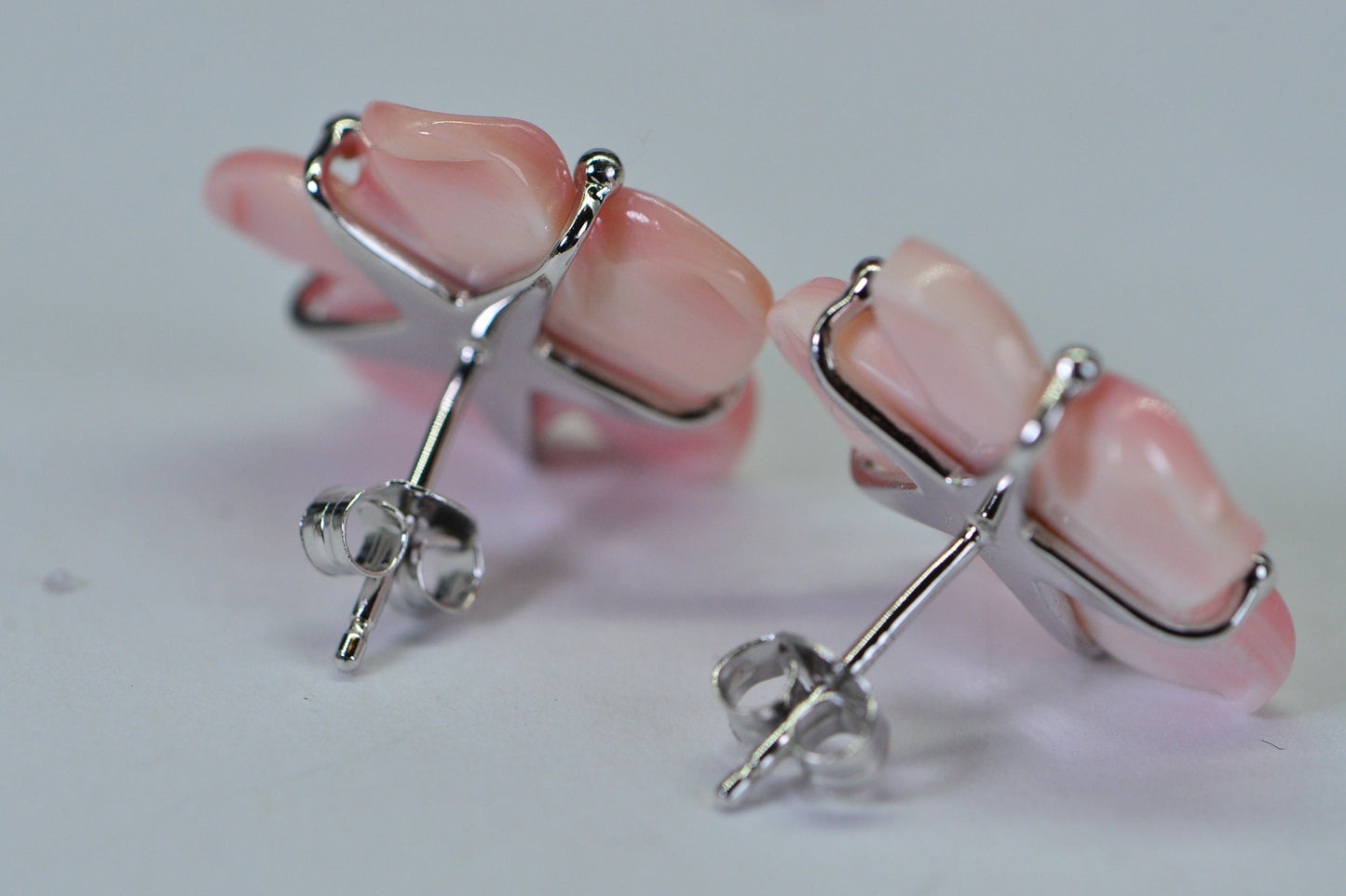 Pink Conch Shell Flower Earrings: Pearl Sterling Silver Floral Studs