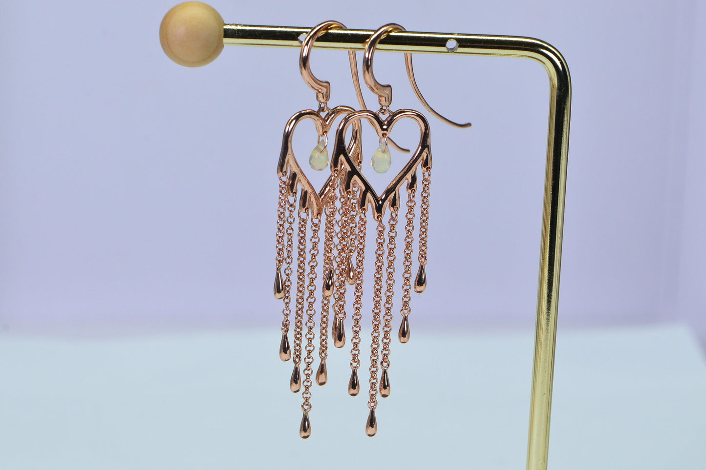 Rose Gold Vermeil Heart Earrings: Ethiopian Opal Tassel Dangle