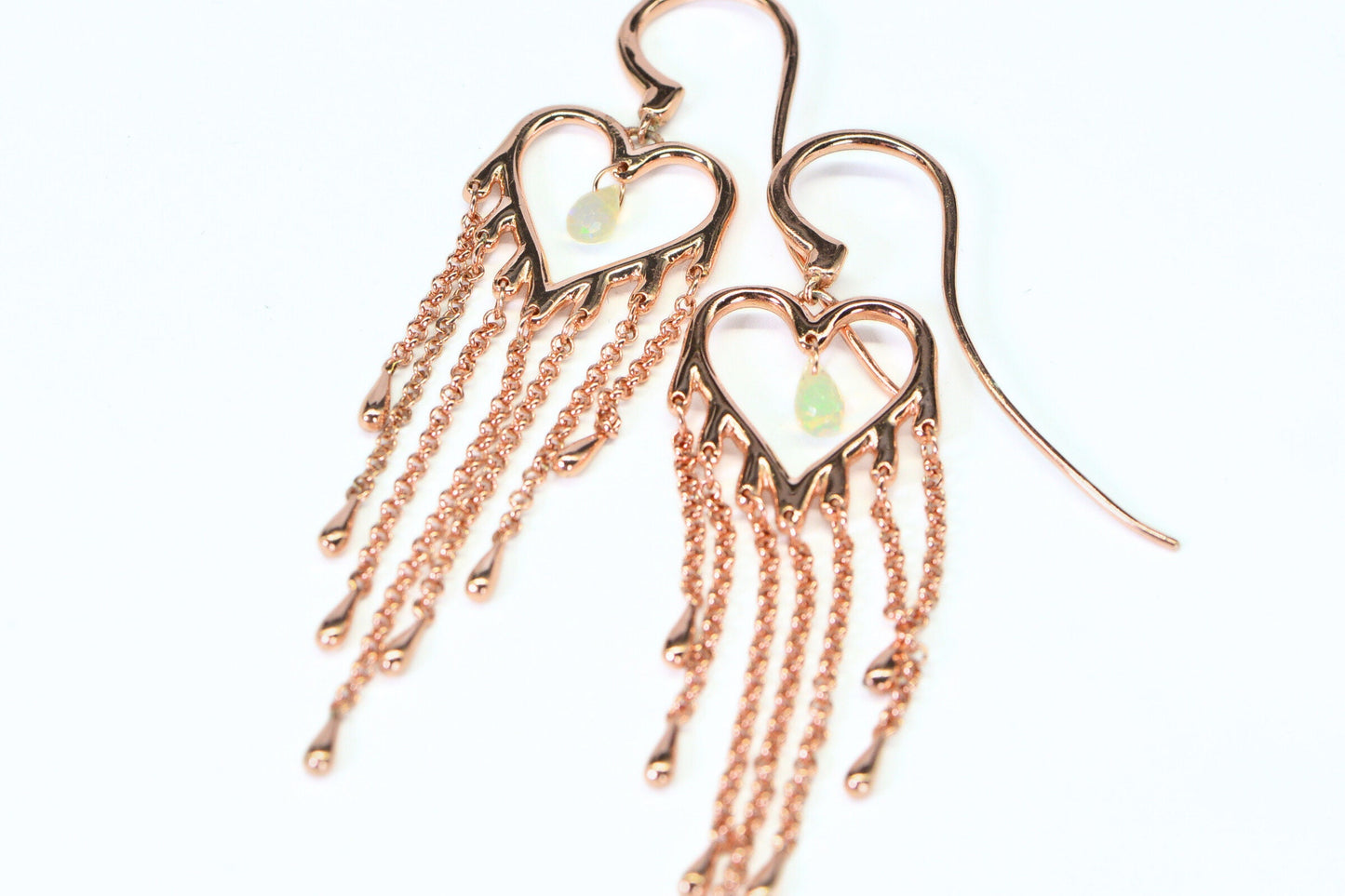 Rose Gold Vermeil Heart Earrings: Ethiopian Opal Tassel Dangle