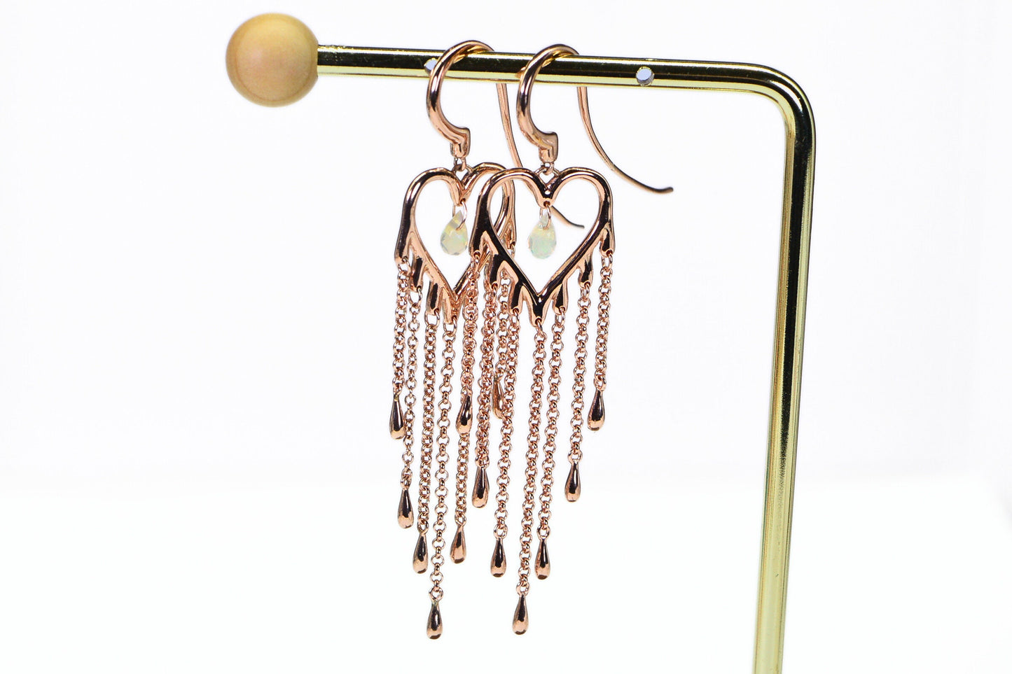 Rose Gold Vermeil Heart Earrings: Ethiopian Opal Tassel Dangle