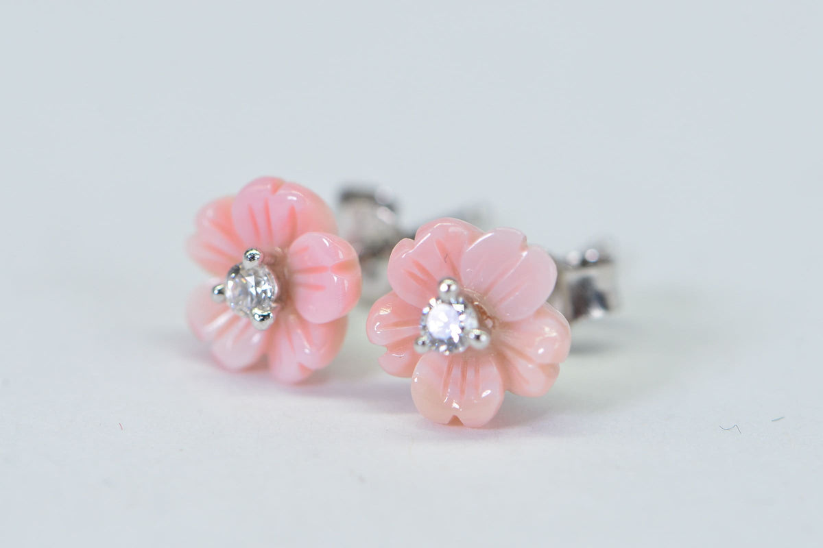 Queen Conch Shell Flower Stud Earrings: Simulated Diamond, 14K White Gold Over Sterling Silver