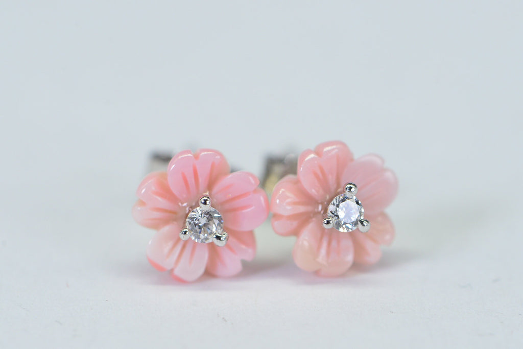 Queen Conch Shell Flower Stud Earrings: Simulated Diamond, 14K White Gold Over Sterling Silver