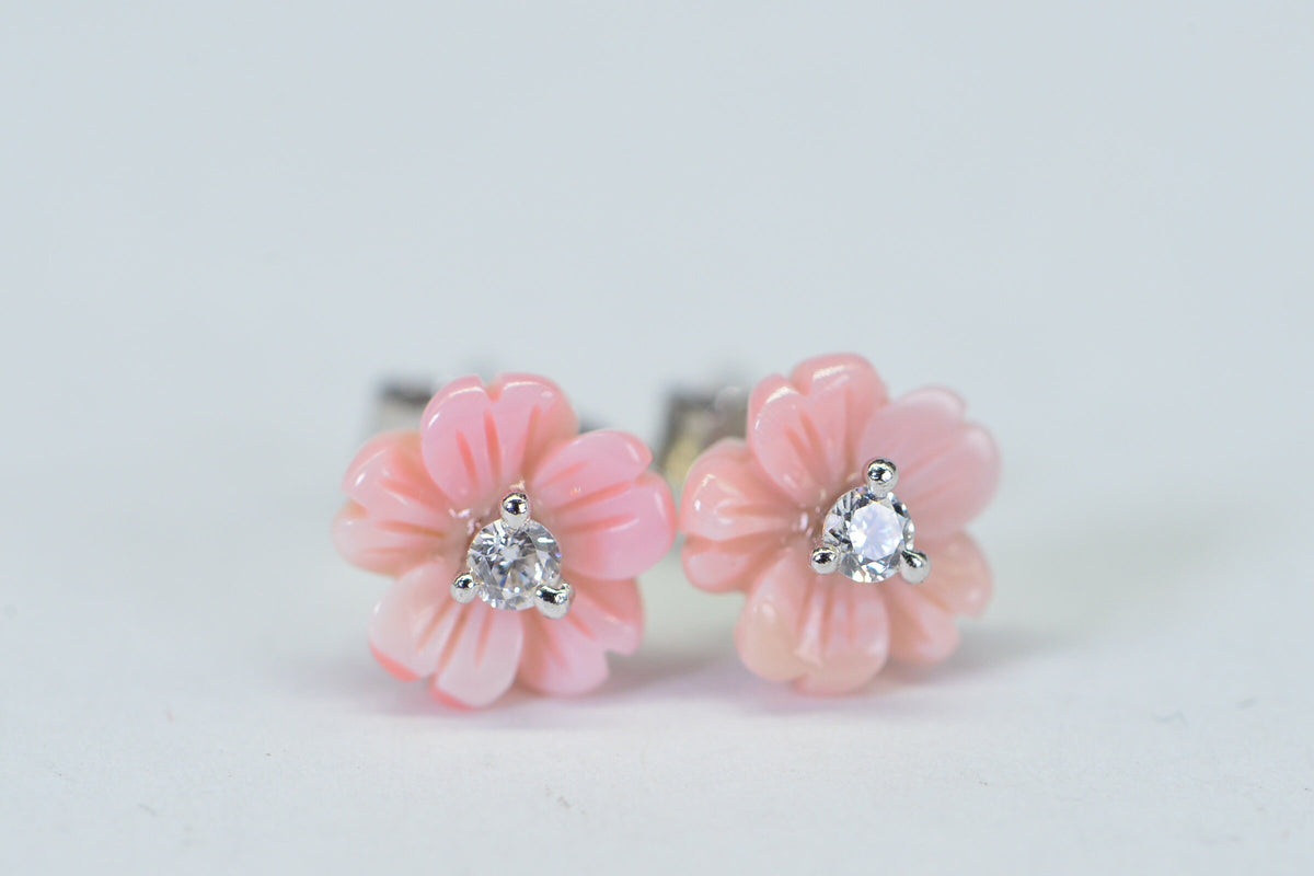 Queen Conch Shell Flower Stud Earrings: Simulated Diamond, 14K White Gold Over Sterling Silver