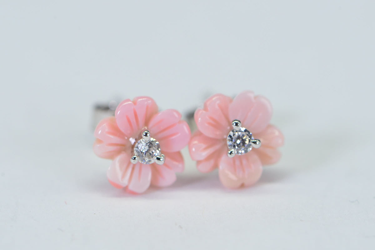 Queen Conch Shell Flower Stud Earrings: Simulated Diamond, 14K White Gold Over Sterling Silver