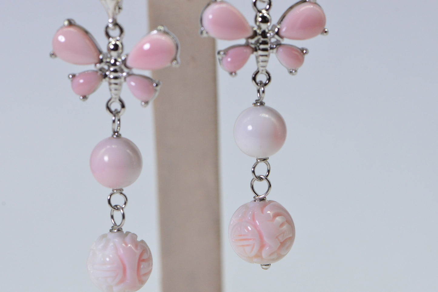 Queen Conch Shell Earrings: 14K White Gold Sterling Silver Butterfly Dangle