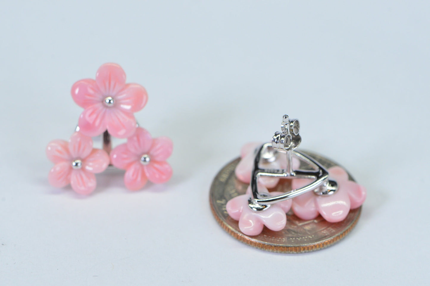 Queen Conch Pink Flower Earrings: 14K White Gold Over Sterling Silver