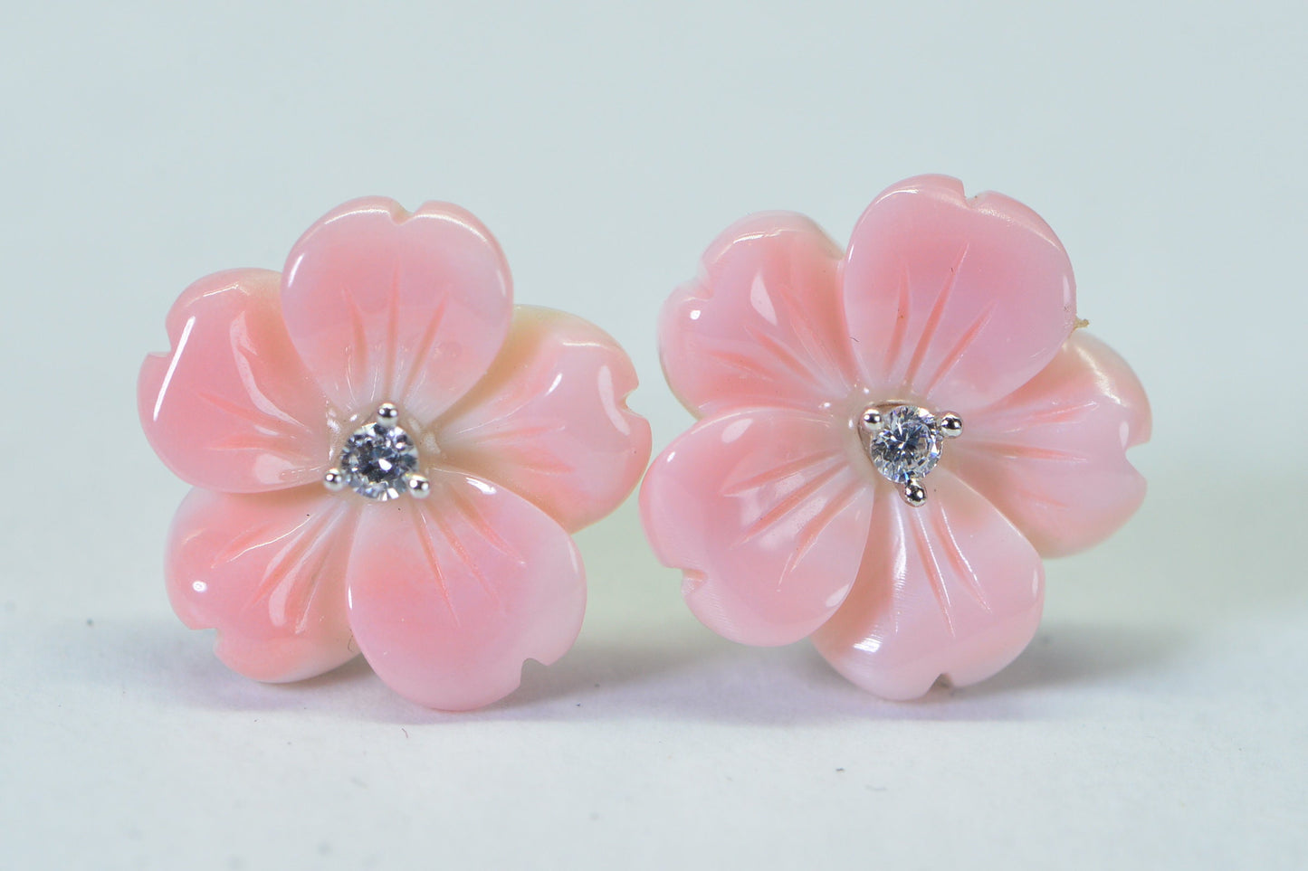 Queen Conch Pink Flower Earrings: Carved Rose, Simulated Diamond, Sterling Silver